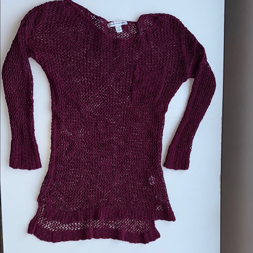 American Eagle Outfitters Burgundy Fishnet Sweater with Relaxed Fit Size XXS